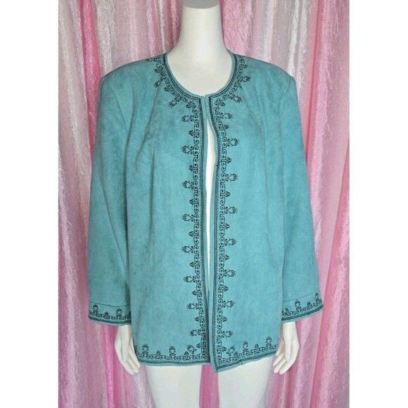 Dressbarn Blue Embroidered Floral Embroidered Faux Suede Open Jacket Size 18 - Picture 1 of 8